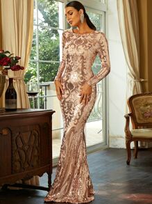 Missord Zip Back Maxi Sequin Bodycon Prom Dress, Elegant Long Sleeve Formal Evening Gown, For Wedding Guest, Graduation, Dinner - Apricot - View 6