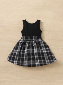 SHEIN 嬰幼兒女裝格紋印花蝴蝶結前合身裙 - 黑色 - 查看 2