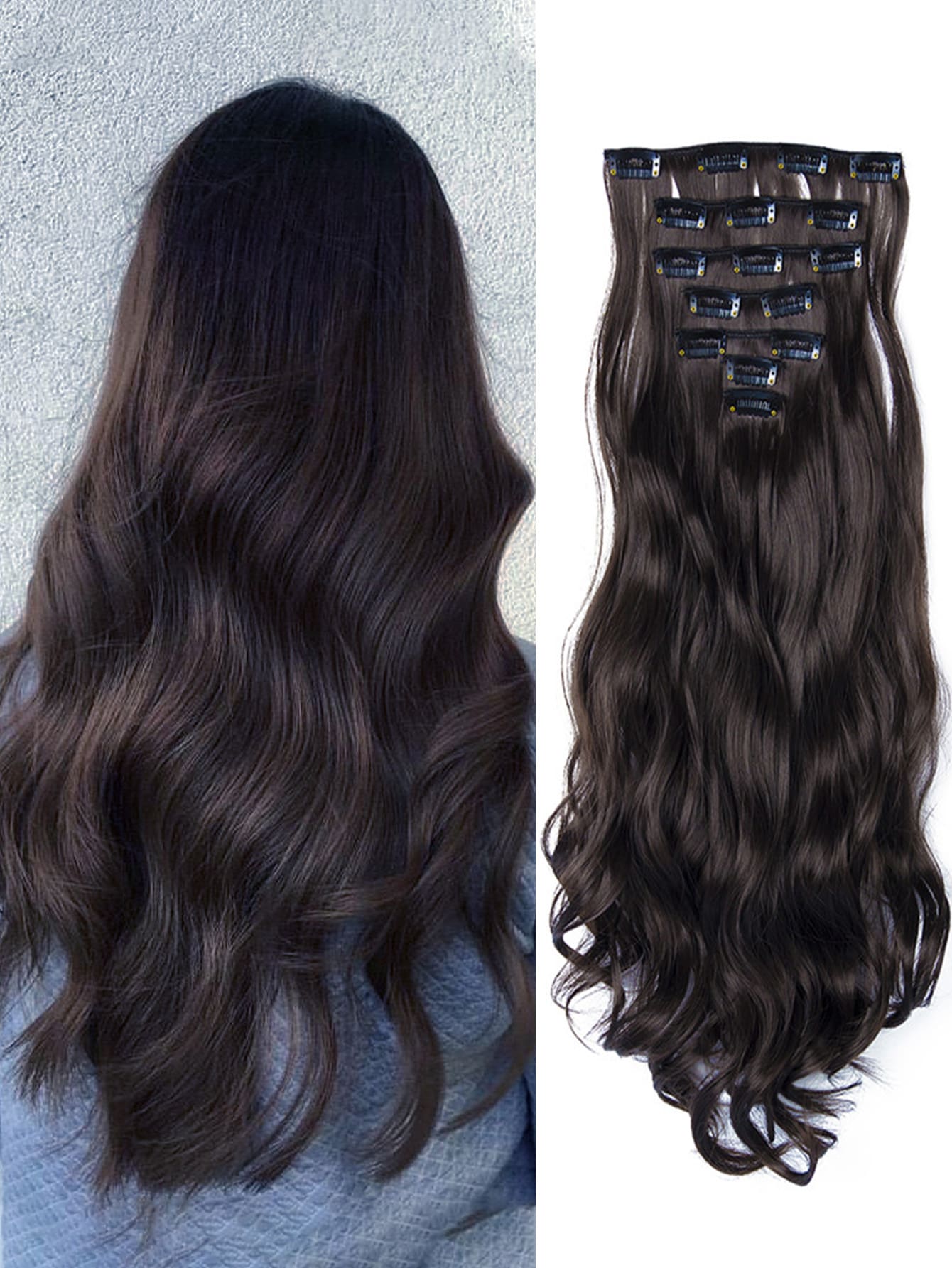 7 Piezas/set Extensión De Cabello Largo Y Ondulado De Alta Temperatura De 22 Pulgadas, Mechones De Cabello Sintético Con Clip Para Extensiones De Cabello Sintético Para Mujeres - Marrón - Ver 1