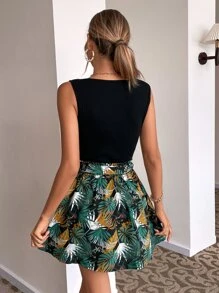 SHEIN VCAY Solid Tank Top & Tropical Print Belted Skirt - Multicolor - View 2