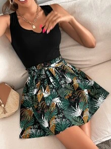 SHEIN VCAY Solid Tank Top & Tropical Print Belted Skirt - Multicolor - View 5