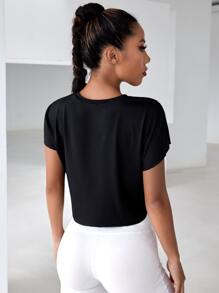 SHEIN Sports Slogan Graphic Batwing Sleeve Crop Sports Tee - Black - View 2