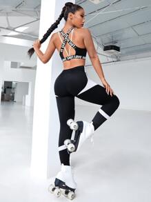 Easithlete 拼接字母織帶後背十字交叉運動型胸罩 - 黑色 - 查看 4