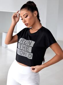 SHEIN Sports Slogan Graphic Batwing Sleeve Crop Sports Tee - Black - View 4