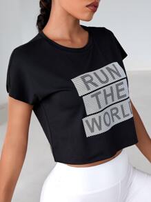 SHEIN Sports Slogan Graphic Batwing Sleeve Crop Sports Tee - Black - View 5
