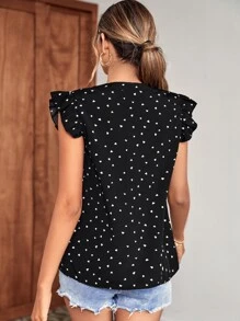 Breezaya Heart Print Notched Neck Blouse - Black - View 2
