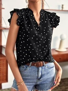 Breezaya Heart Print Notched Neck Blouse - Black - View 3