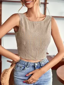 SHEIN Frenchy Women's Linen Round Neck Backless Bow-Tie Heart Print Sleeveless Top Blouse , Summer,Commute,Office,Old Money,Simple,Minimalist, - Khaki - View 5