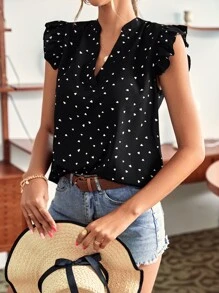 Breezaya Heart Print Notched Neck Blouse - Black - View 6