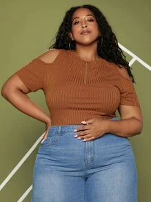 SHEIN CURVE+ Plus Half Zip Cold Shoulder Tee - Coffee Brown - View 4