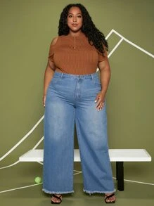 SHEIN CURVE+ Plus Half Zip Cold Shoulder Tee - Coffee Brown - View 5