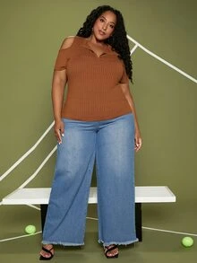 SHEIN CURVE+ Plus Half Zip Cold Shoulder Tee - Coffee Brown - View 8