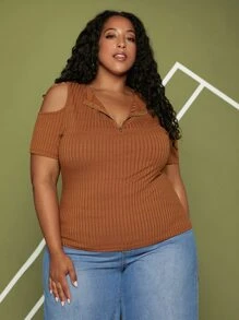 SHEIN CURVE+ Plus Half Zip Cold Shoulder Tee - Coffee Brown - View 3