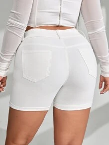 SHEIN Essnce Quần short denim oversized Nút Túi Dây kéo màu trơn - trắng - Xem 2