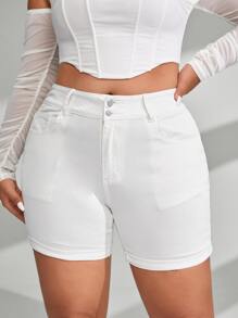 SHEIN Essnce Quần short denim oversized Nút Túi Dây kéo màu trơn - trắng - Xem 3