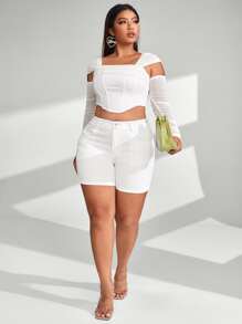 SHEIN Essnce Quần short denim oversized Nút Túi Dây kéo màu trơn - trắng - Xem 5