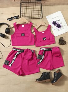 SHEIN 小女童1入組字母貼布上衣和1入組附腰帶短褲帶腰包 - 玫紅色 - 查看 3