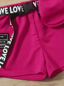 SHEIN 小女童1入組字母貼布上衣和1入組附腰帶短褲帶腰包 - 玫紅色 - 查看 5