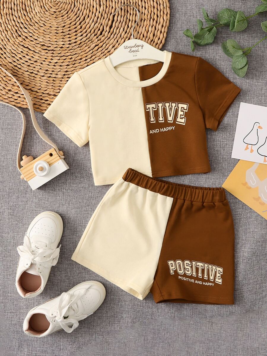 SHEIN Bộ thời trang bé gái Khối Màu Lá thư Giải trí - Nhiều màu - Xem 1