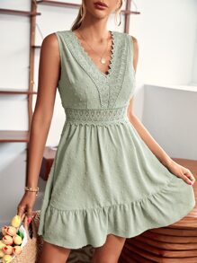 SHEIN VCAY Guipure Lace Insert Ruffle Hem Dress - Mint Green - View 4