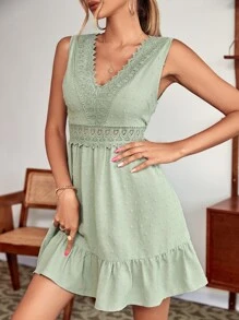 SHEIN VCAY Guipure Lace Insert Ruffle Hem Dress - Mint Green - View 5