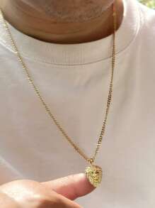 時尚流行男士方晶鋯石裝飾獅子頭吊飾項鍊不銹鋼珠寶禮物和時尚外觀 - 金黃色 - 查看 2