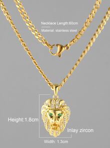 時尚流行男士方晶鋯石裝飾獅子頭吊飾項鍊不銹鋼珠寶禮物和時尚外觀 - 金黃色 - 查看 3