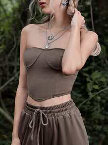 Grunge Solid Asymmetrical Hem Crop Tube Top - Mocha Brown - View 3