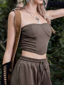 Grunge Solid Asymmetrical Hem Crop Tube Top - Mocha Brown - View 4
