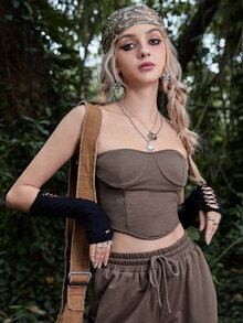 Grunge Solid Asymmetrical Hem Crop Tube Top - Mocha Brown - View 5