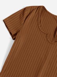 SHEIN EZwear Đơn vị Nữ Gân đan màu trơn - màu nâu - Xem 4