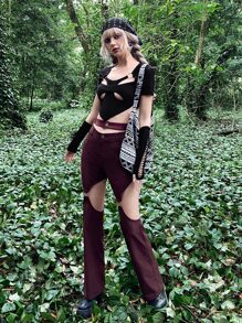 Grunge O-ring Cut Out Bandana Hem Tee - Black - View 3