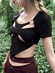 Grunge O-ring Cut Out Bandana Hem Tee - Black - View 6