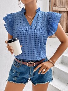 SHEIN LUNE Butterfly Sleeve Popover Blouse - Blue - View 1