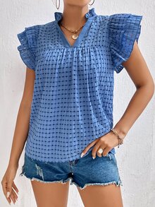 SHEIN LUNE Butterfly Sleeve Popover Blouse - Blue - View 4
