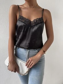 SHEIN LUNE 花卉圖案提花蕾絲拼接緞面吊帶上衣 - 黑色 - 查看 4