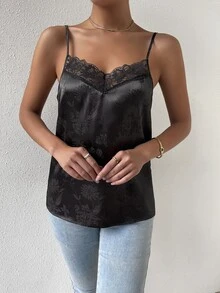 SHEIN LUNE 花卉圖案提花蕾絲拼接緞面吊帶上衣 - 黑色 - 查看 6