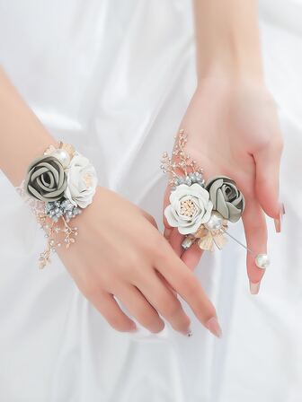1入組花朵裝飾手腕胸花和1入組胸花