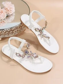 Glamorous Outdoors T-strap Flat Sandals for Women, Rhinestone Decor Artificial Leather Toe Post Ankle Strap Sandals - White - View 4