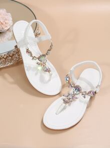 Glamorous Outdoors T-strap Flat Sandals for Women, Rhinestone Decor Artificial Leather Toe Post Ankle Strap Sandals - White - View 5
