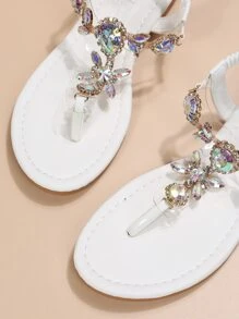 Glamorous Outdoors T-strap Flat Sandals for Women, Rhinestone Decor Artificial Leather Toe Post Ankle Strap Sandals - White - View 7