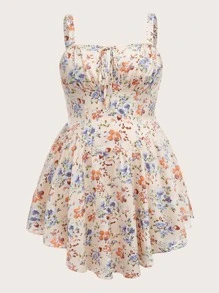 SHEIN MOD Plus Allover Floral Print Knot Front Cami Dress - Multicolor - View 1
