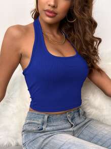 INAWLY Backless Ribbed Knit Halter Top - Royal Blue - View 3