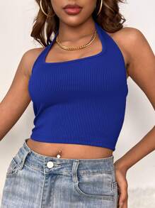 INAWLY Backless Ribbed Knit Halter Top - Royal Blue - View 4