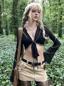 ROMWE PUNK Top Cây trồng Grunge Tie Trước Ren Mộc nhĩ tay áo lá sen - màu đen - Xem 1