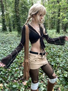 ROMWE PUNK Top Cây trồng Grunge Tie Trước Ren Mộc nhĩ tay áo lá sen - màu đen - Xem 3