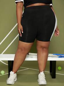 SHEIN CURVE+ Plus Contrast Side Seam Cycling Shorts - Black - View 4