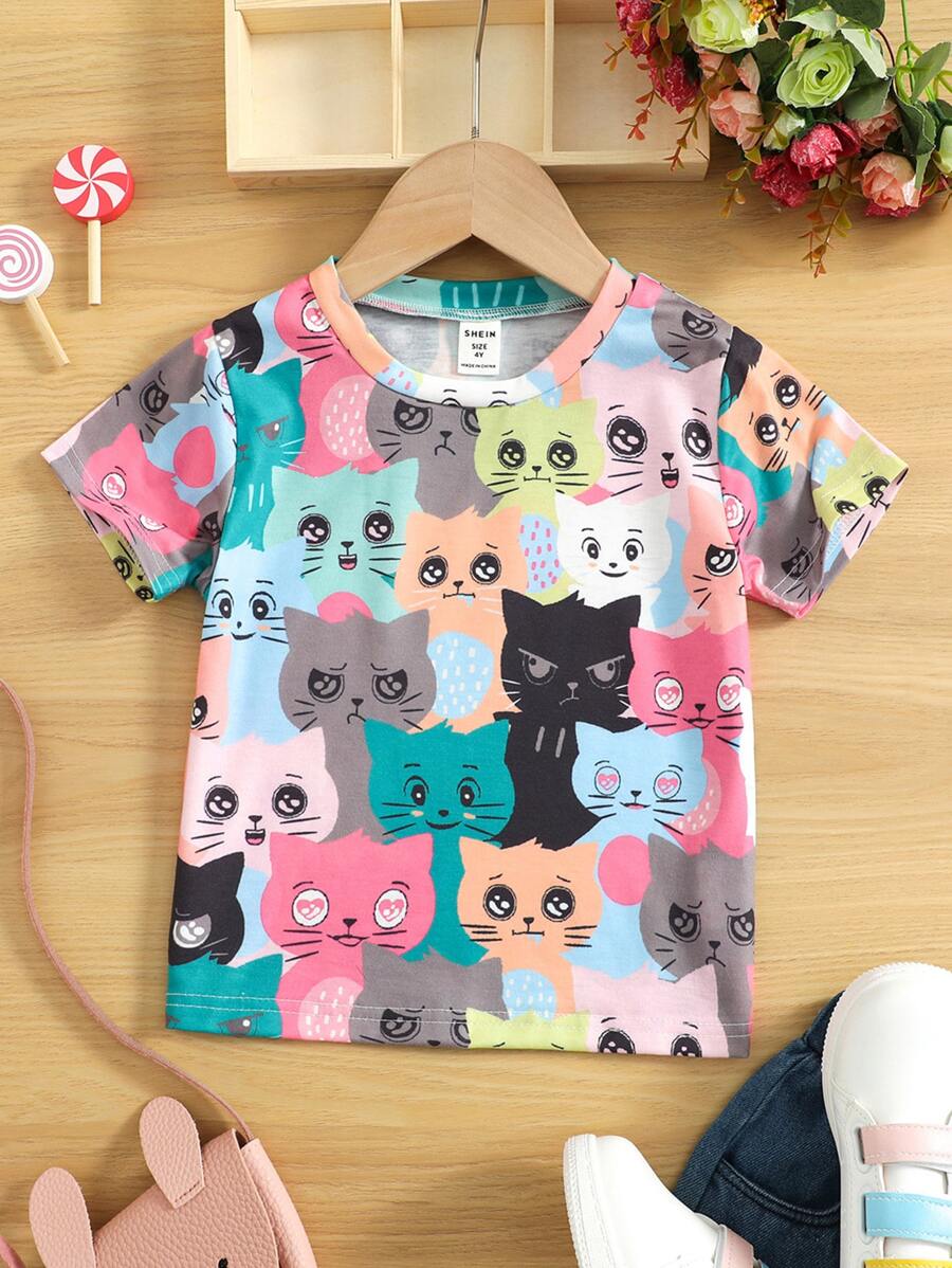 SHEIN 小女童卡通圖案T恤 - 彩色 - 查看 1