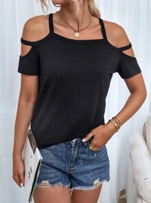 Cold Shoulder Tee - Black - View 1