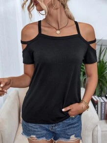 Cold Shoulder Tee - Black - View 4